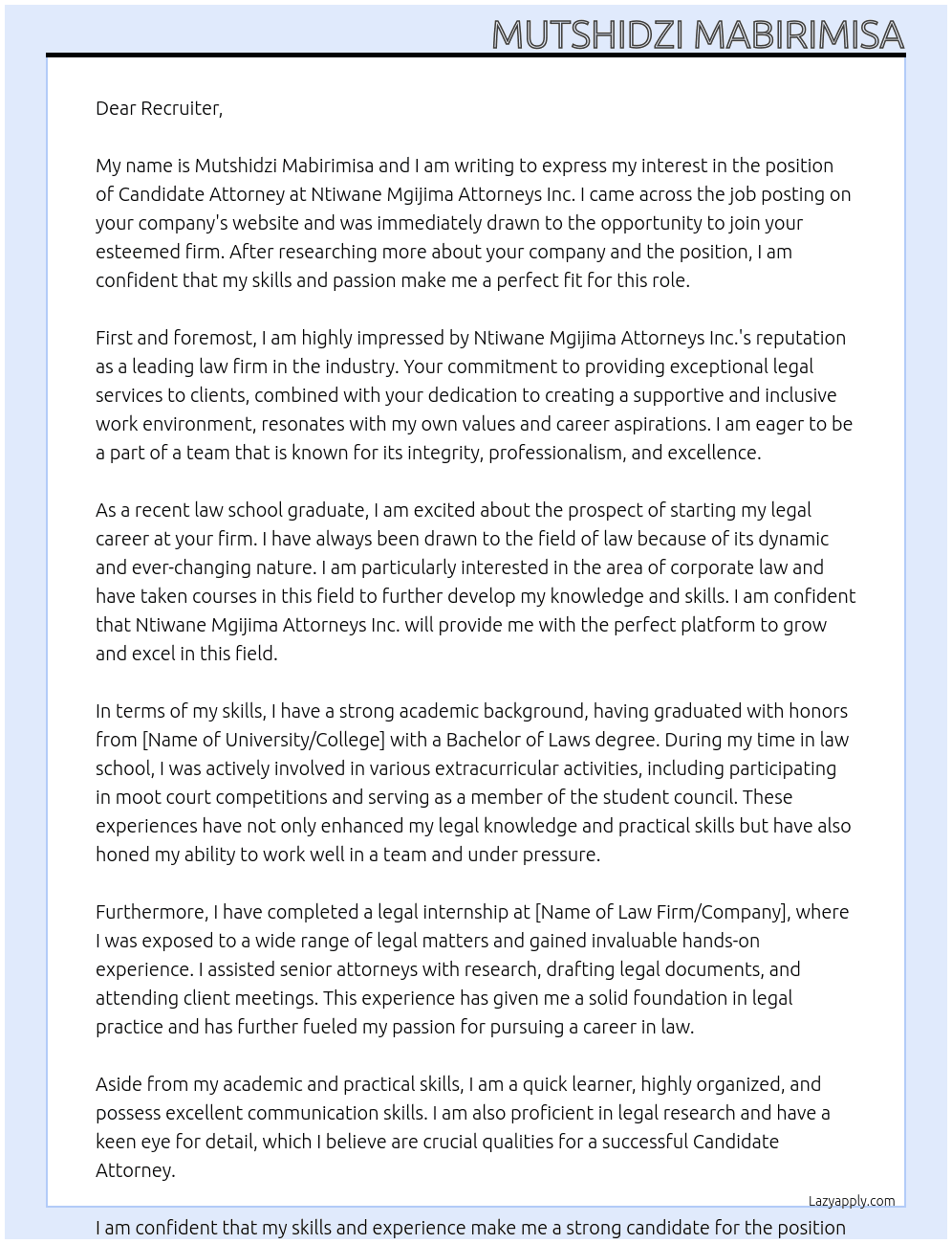 Candidate Attorney At Ntiwane Mgijima Attorneys Inc. Cover Letter