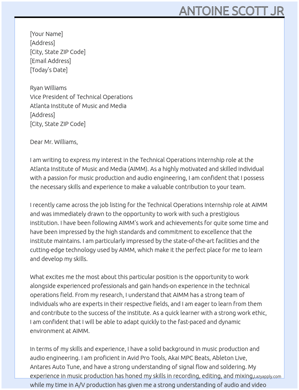  Technical Operations At Atlanta Institute of Music and Media Cover Letter