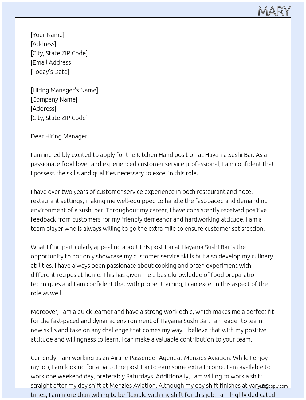 Kitchen Hand At Hayama Sushi Bar Cover Letter