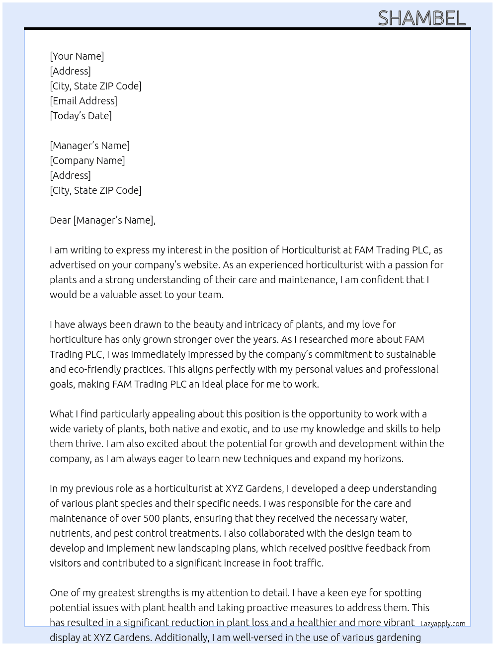 Horticulturist  At FAM Trading PLC Cover Letter