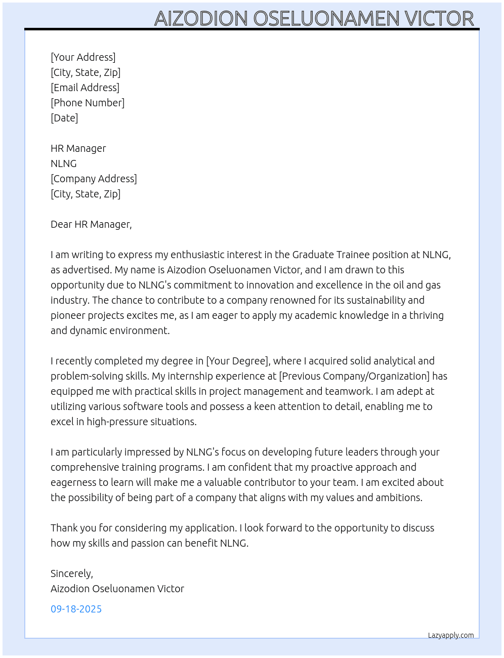 Graduate Trainee  At Nlng Cover Letter