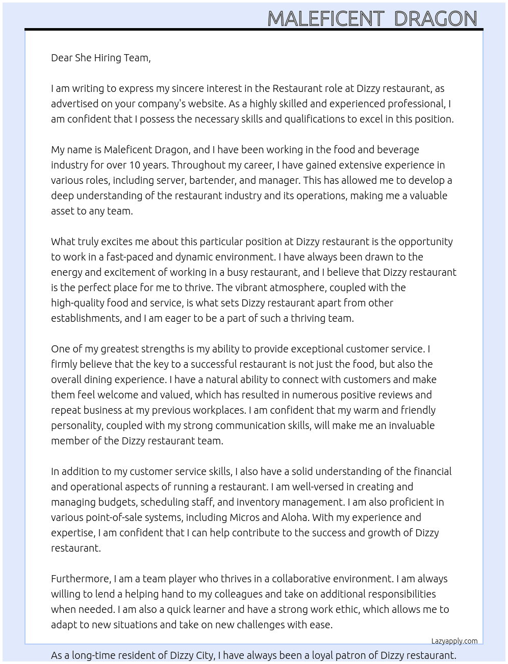 Restaurant  At She  Cover Letter