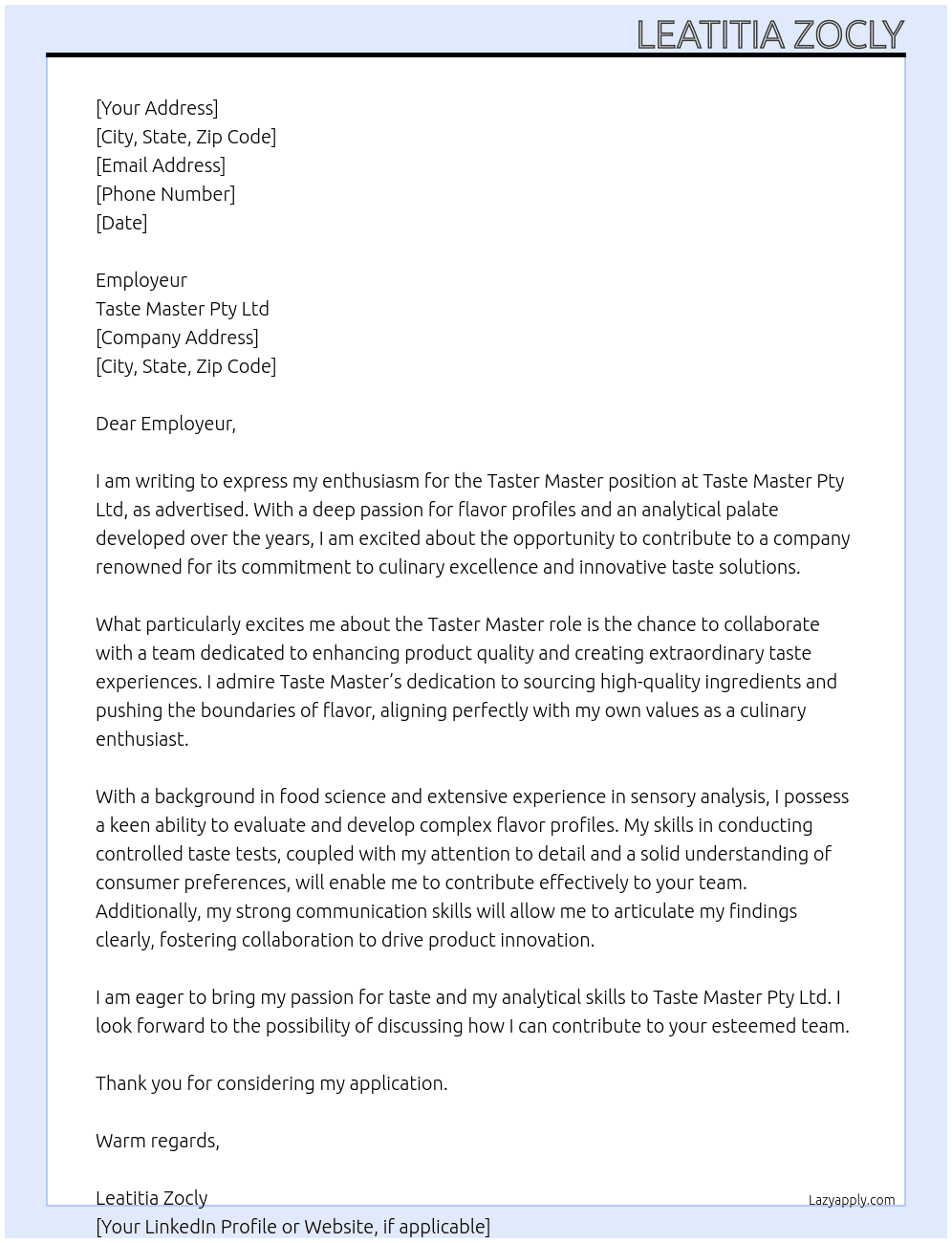Cover letter for taster master - LazyApply