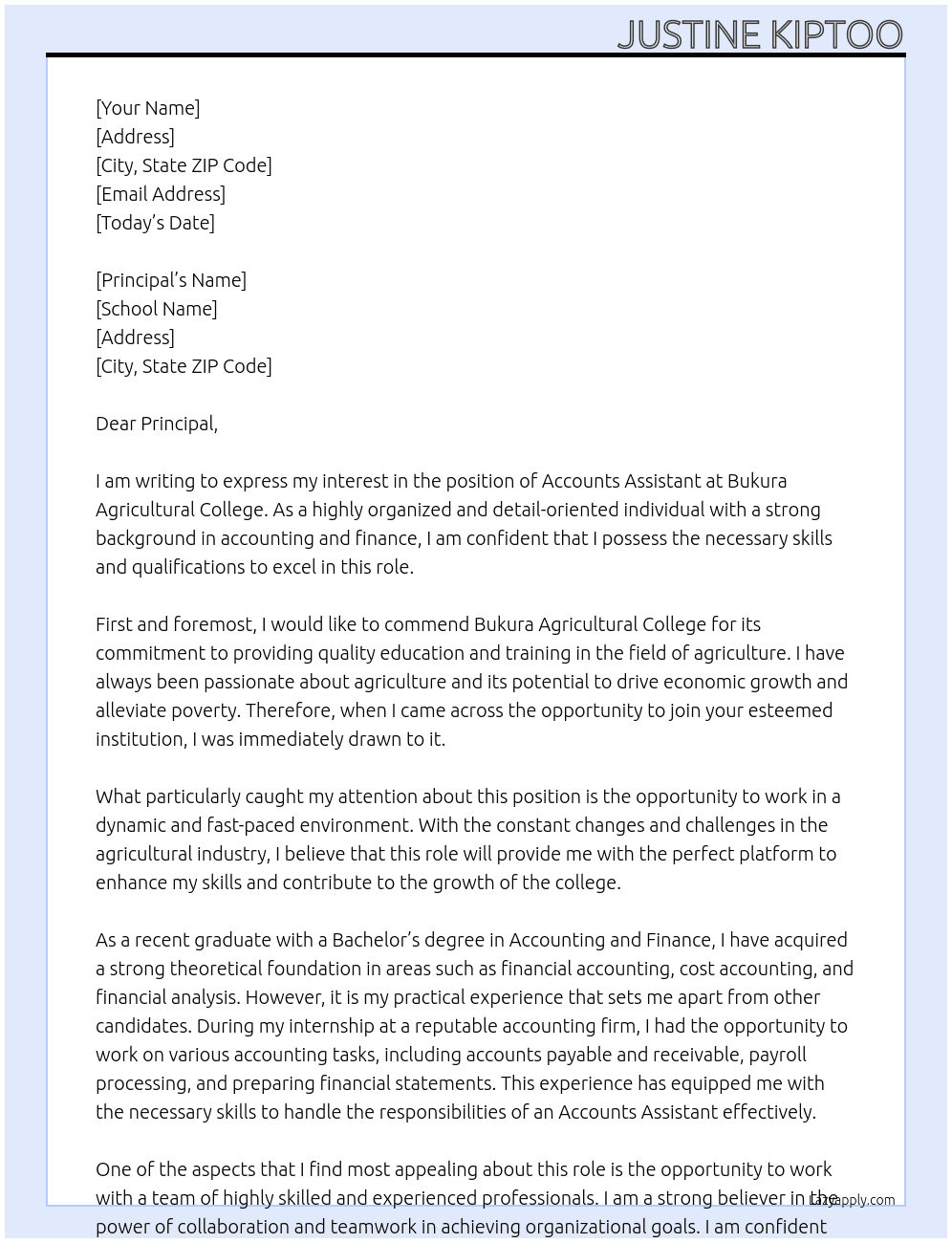 accounts assistant At BUKURA AGRICULTURAL COLLEGE Cover Letter