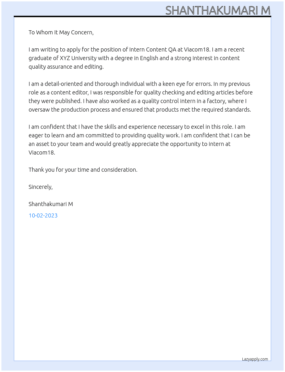 Intern Content QA At Viacom18 Cover Letter