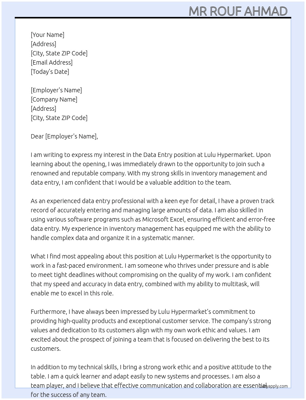 Data Entry At Lulu Hypermarket  Cover Letter