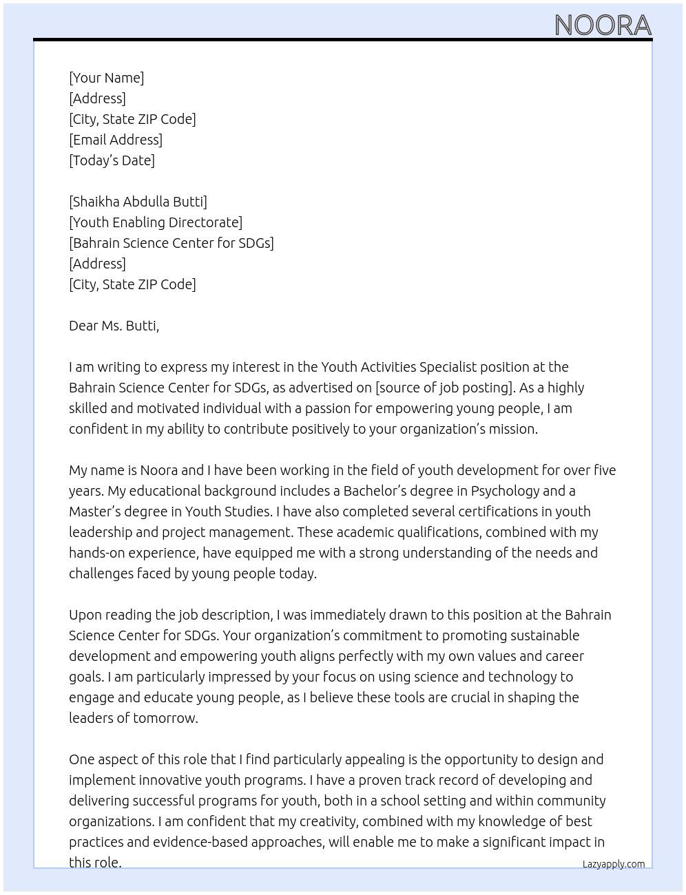 youth activities specialist At Bahrain Science Center for SDGs / Youth enabling directorate Cover Letter