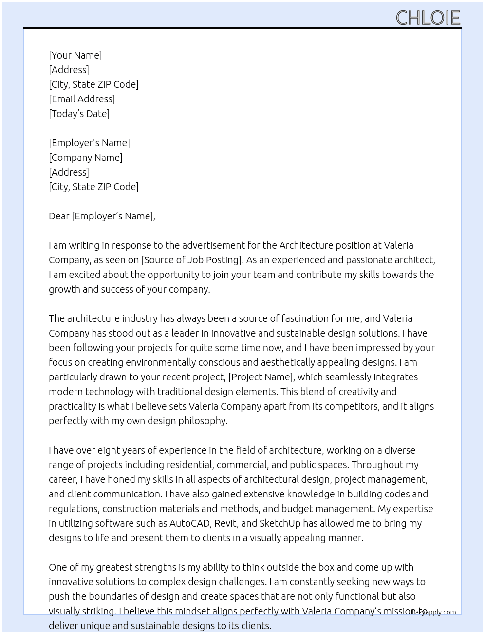 Architecture At Valeria company Cover Letter
