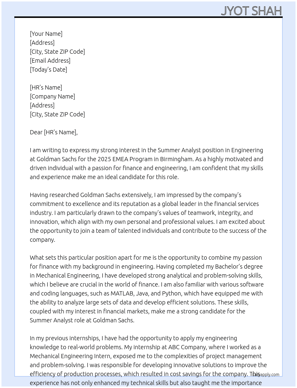 Cover letter for 2025 | emea | birmingham | engineering | summer analyst - LazyApply