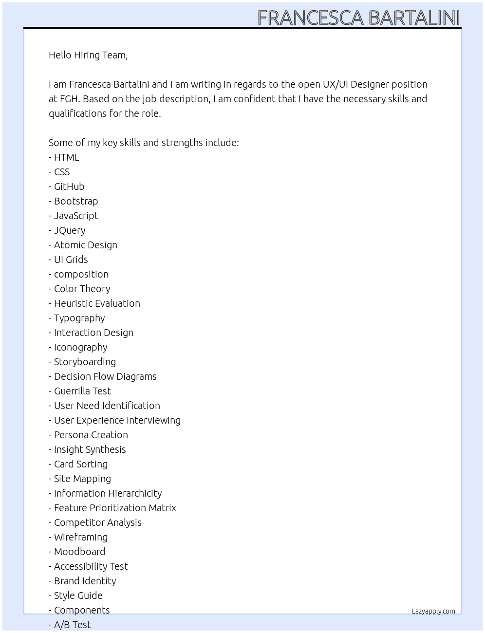 Ux Ui Designer At FGH Cover Letter