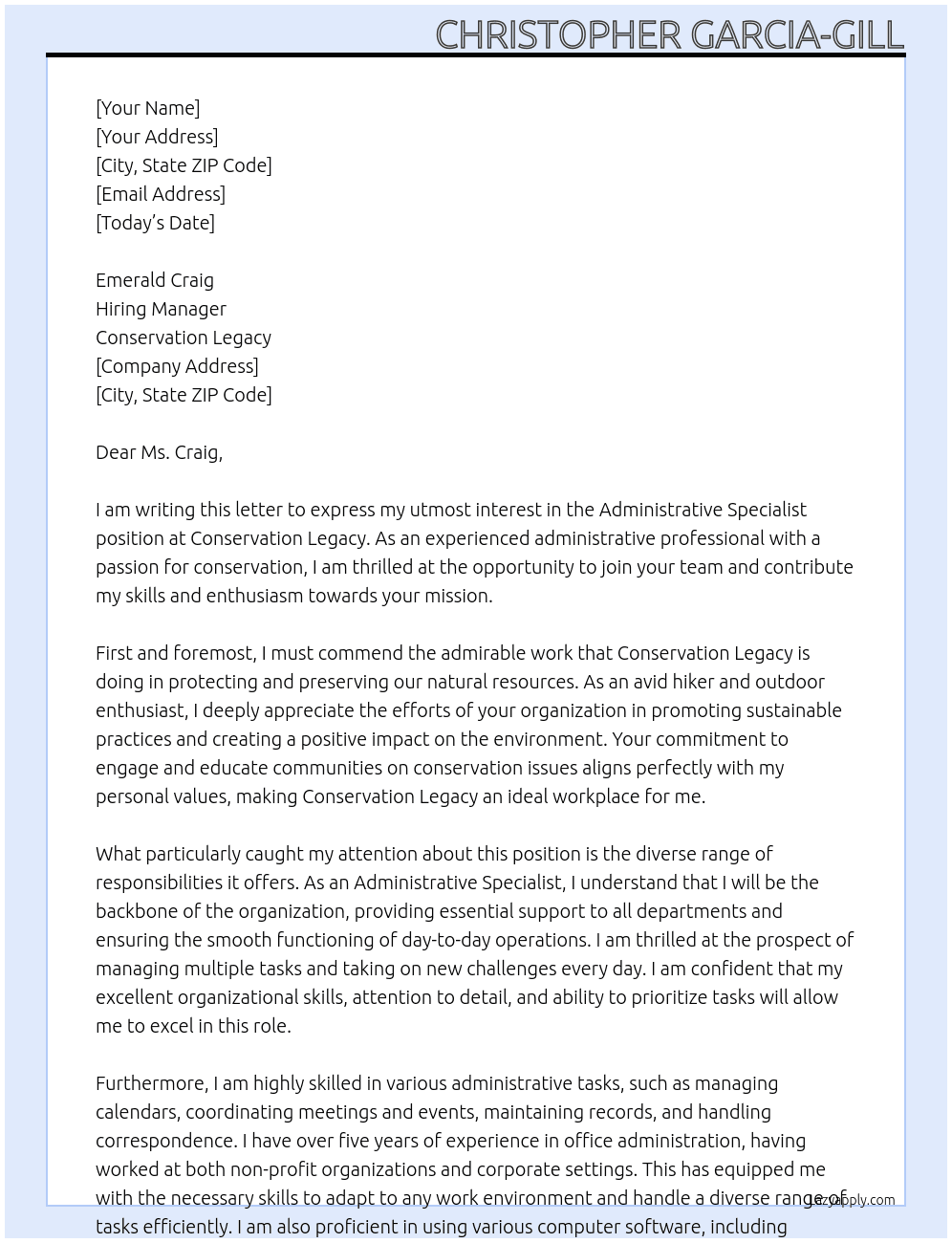 ADMINISTRATIVE SPECIALIST At CONSERVATION LEGACY Cover Letter