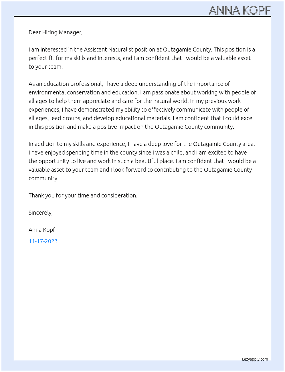 Assistant Naturalist At Outagamie County Cover Letter