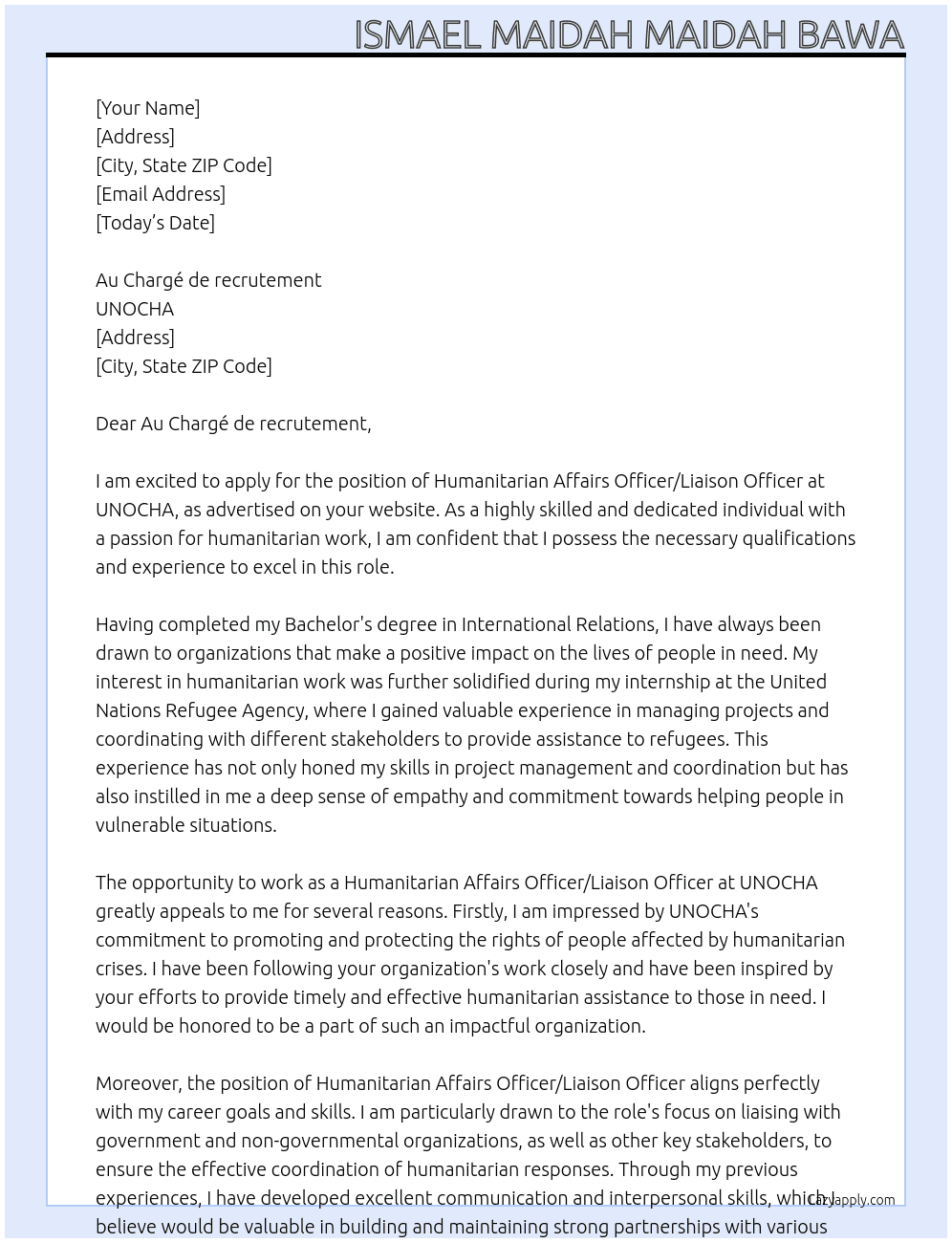 Humanitarian Affairs Officer/Liaison Officer At UNOCHA Cover Letter