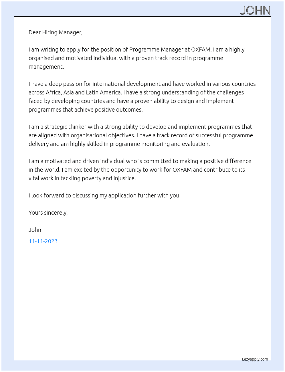 Programme Manager At OXFAM Cover Letter