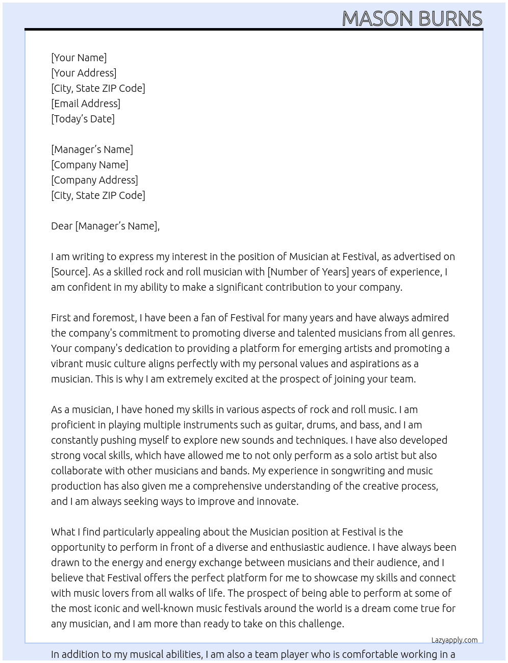 Musician At Festival Cover Letter