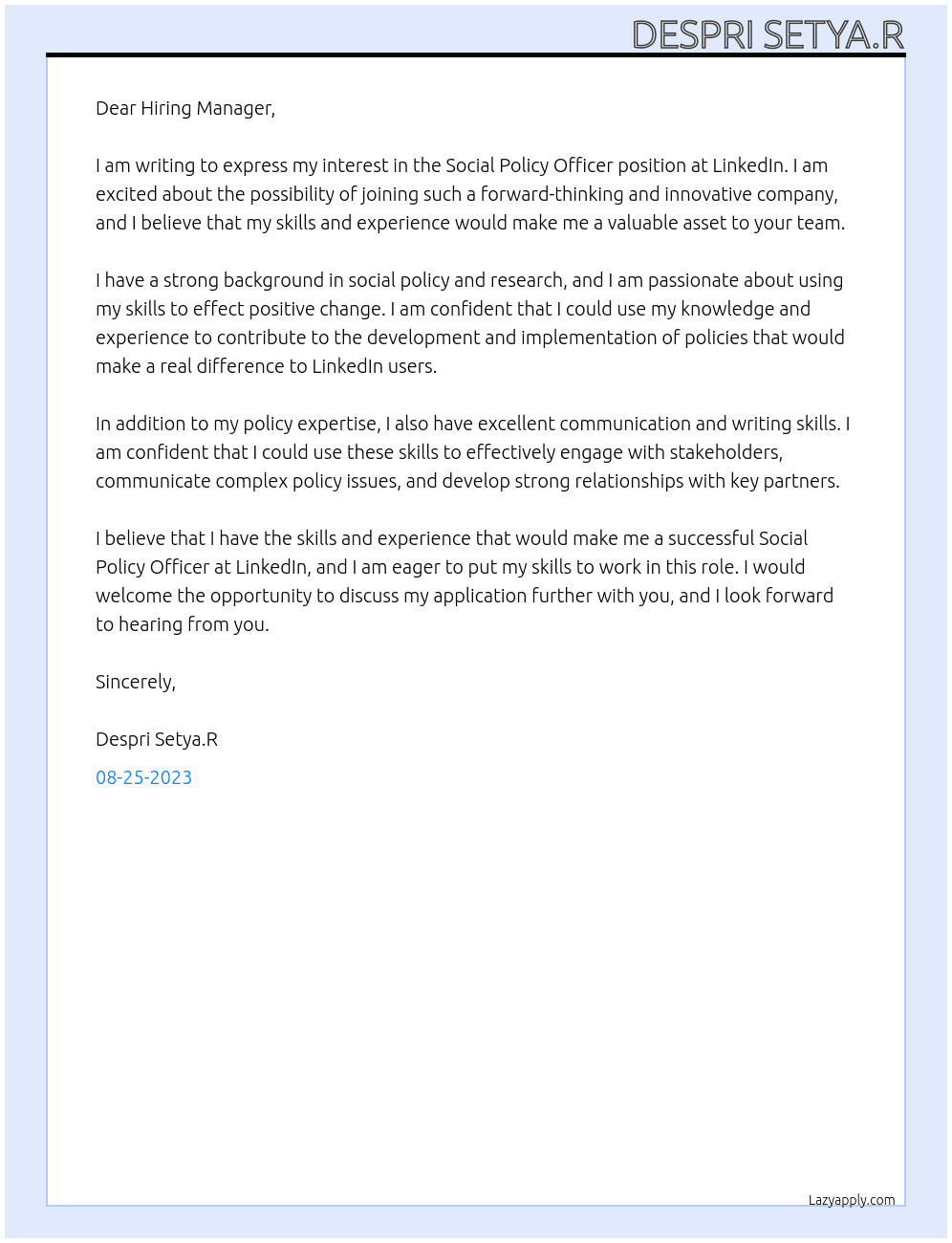 Social Policy Officer At LinkedIn Cover Letter