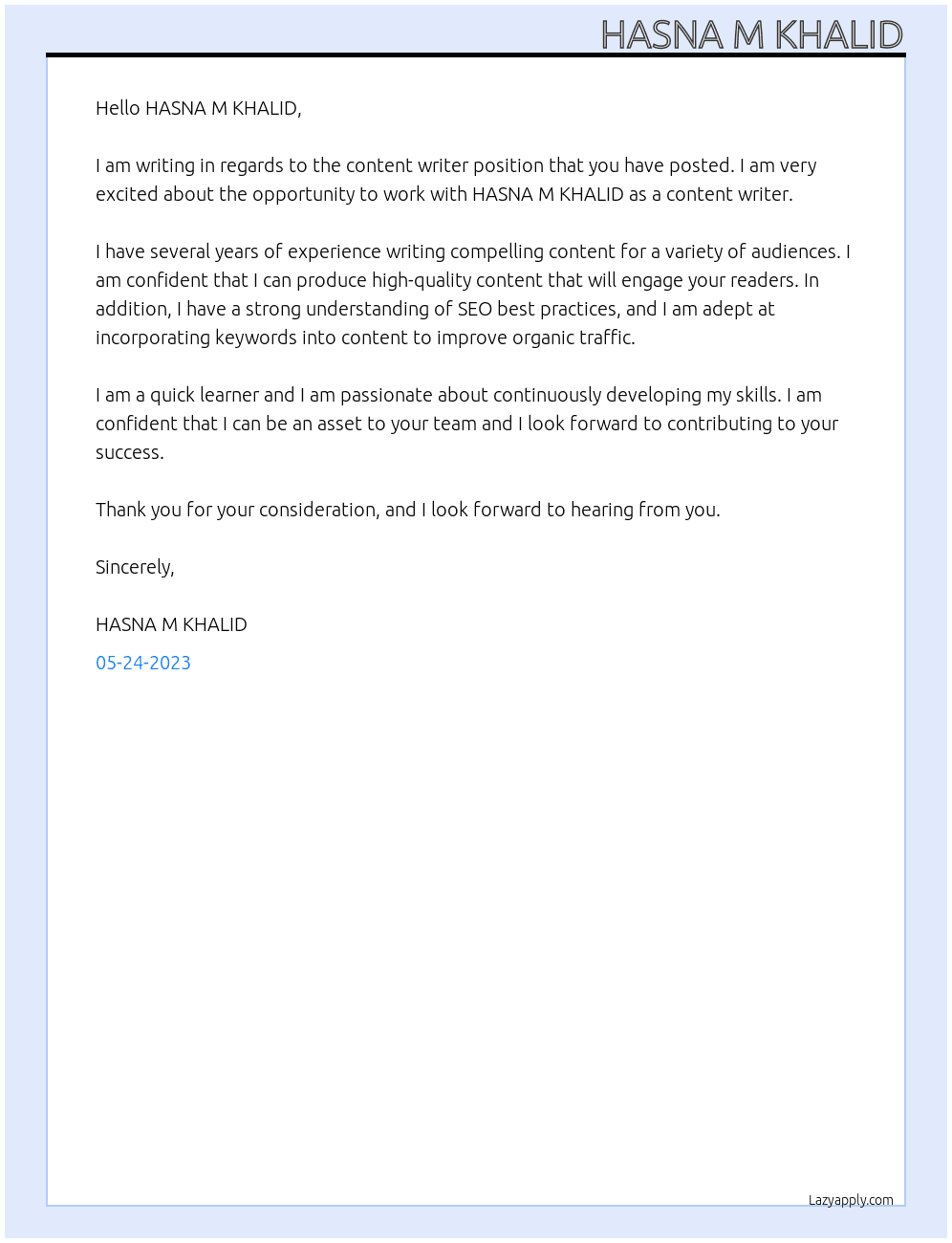 CONTENT WRITER At HASNA M KHALID Cover Letter