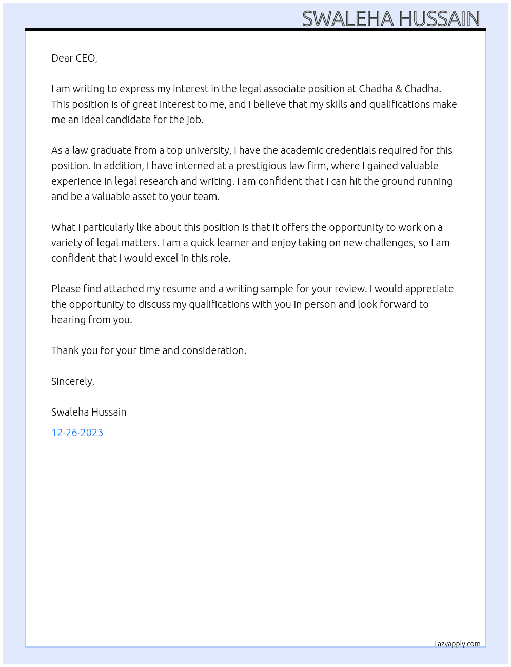 legal associate  At Chadha & Chadha  Cover Letter