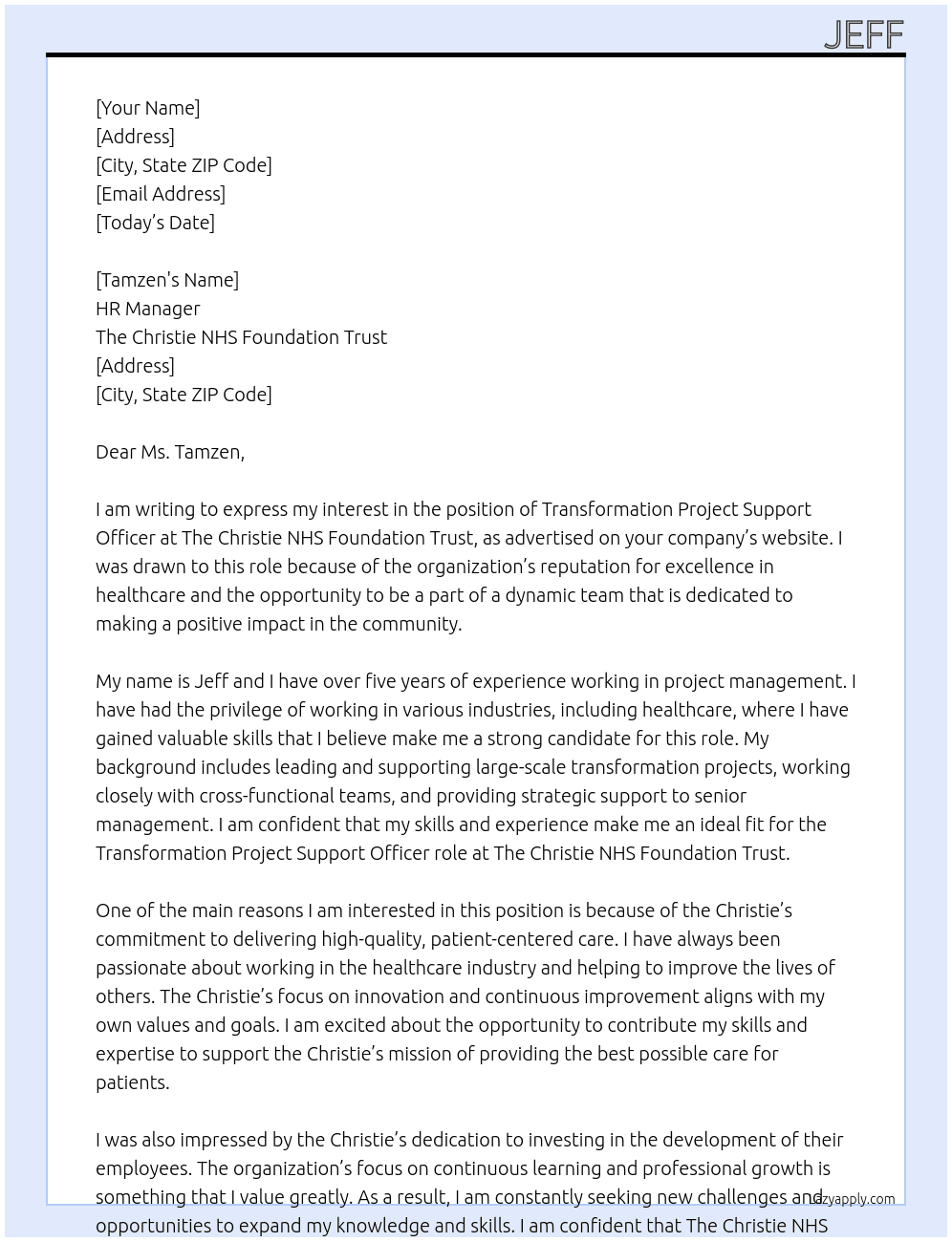 transformation project support officer At The Cnristie NHS foundation Trust Cover Letter