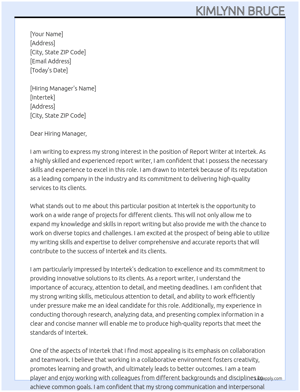 Report Writer At Intertek Cover Letter