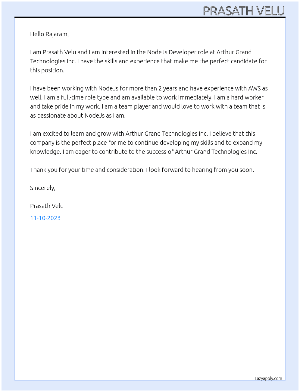NodeJs Developer At Arthur Grand Technologies Inc Cover Letter