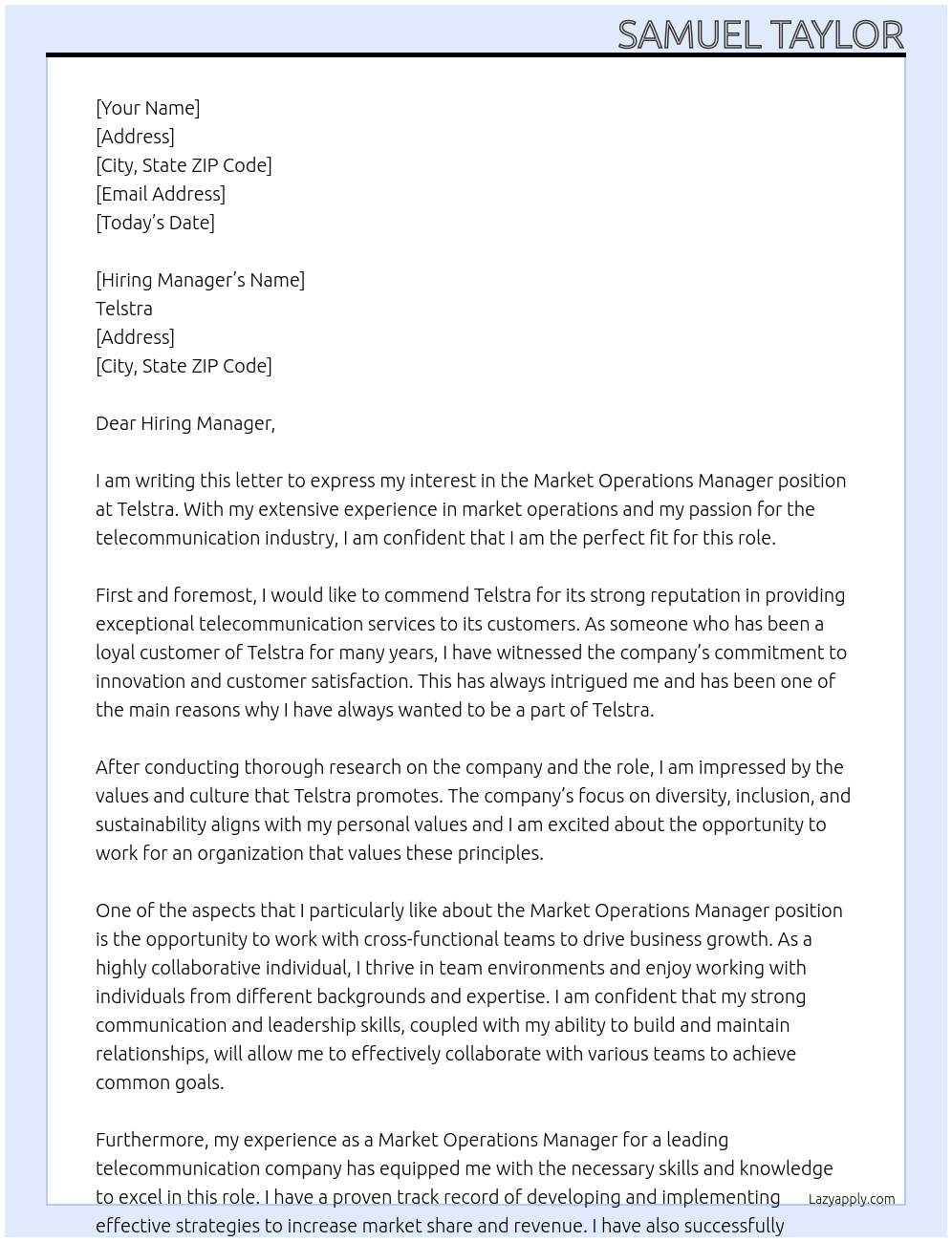 Market Operations Manager At Telstra Cover Letter