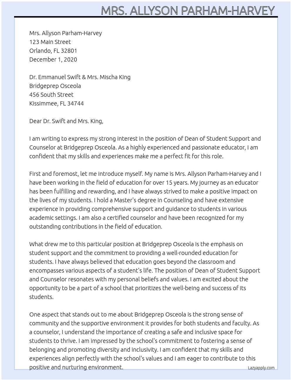 Dean Of Student Support & Counselor  At Bridgeprep Osceola  Cover Letter