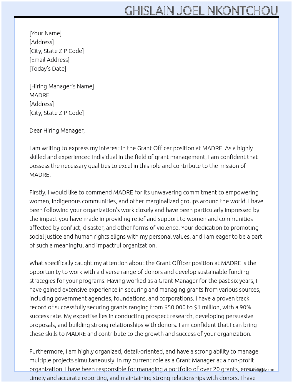 Grant Officer At MADRE Cover Letter