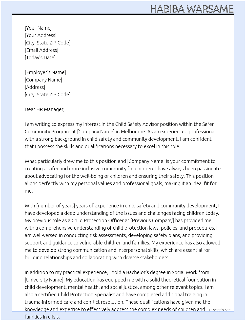 Child Safety Advisor - Safer Community Program At Melbourne Cover Letter
