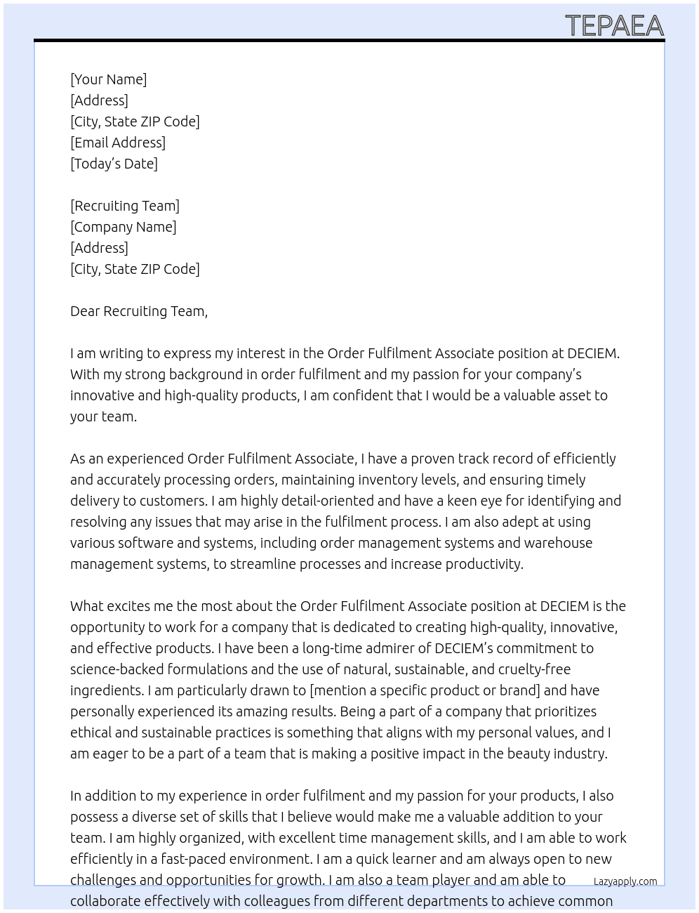 order fulfilment associate At DECIEM Cover Letter