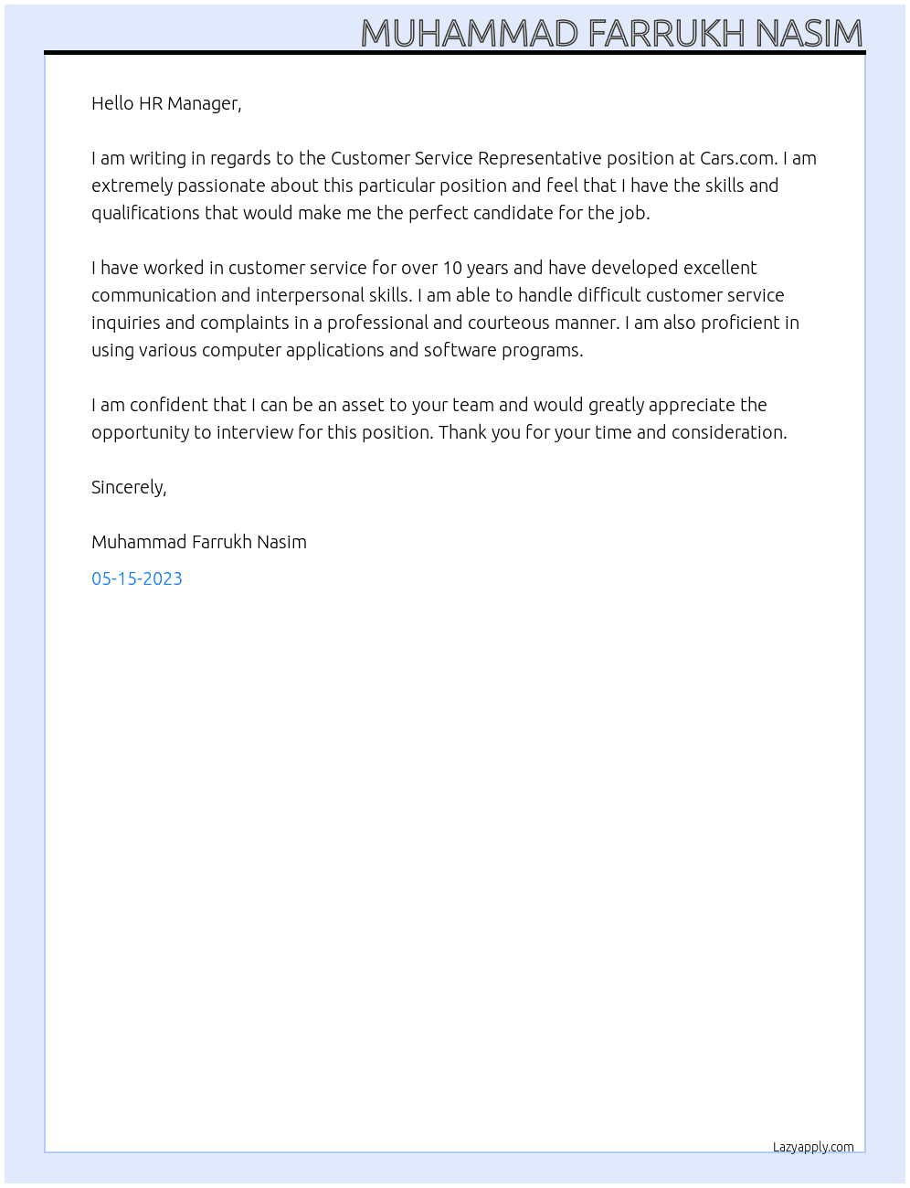 Customer Service Representative At Cars.com Cover Letter