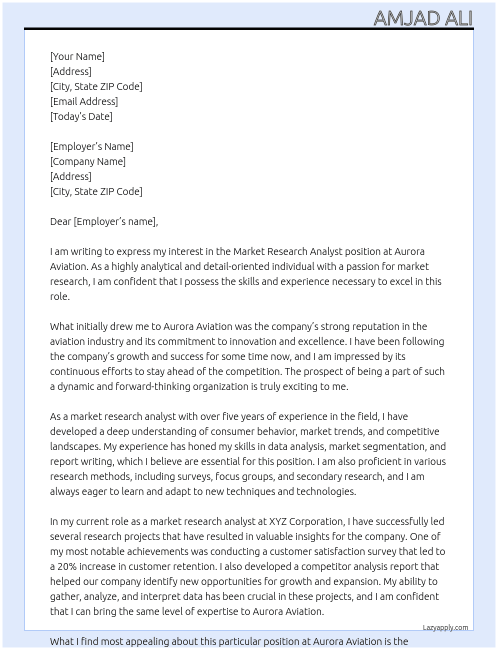 Market research analyst At Aurora Aviation Cover Letter