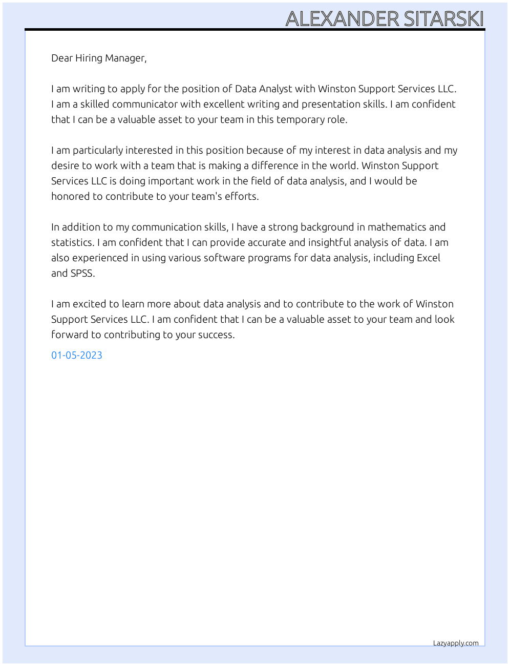 Data Analyst At Winston Support Services LLC Cover Letter