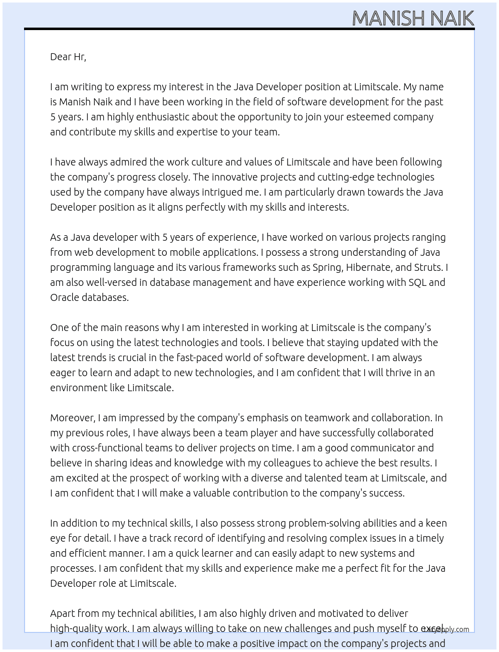 Java developer At Limitscale Cover Letter