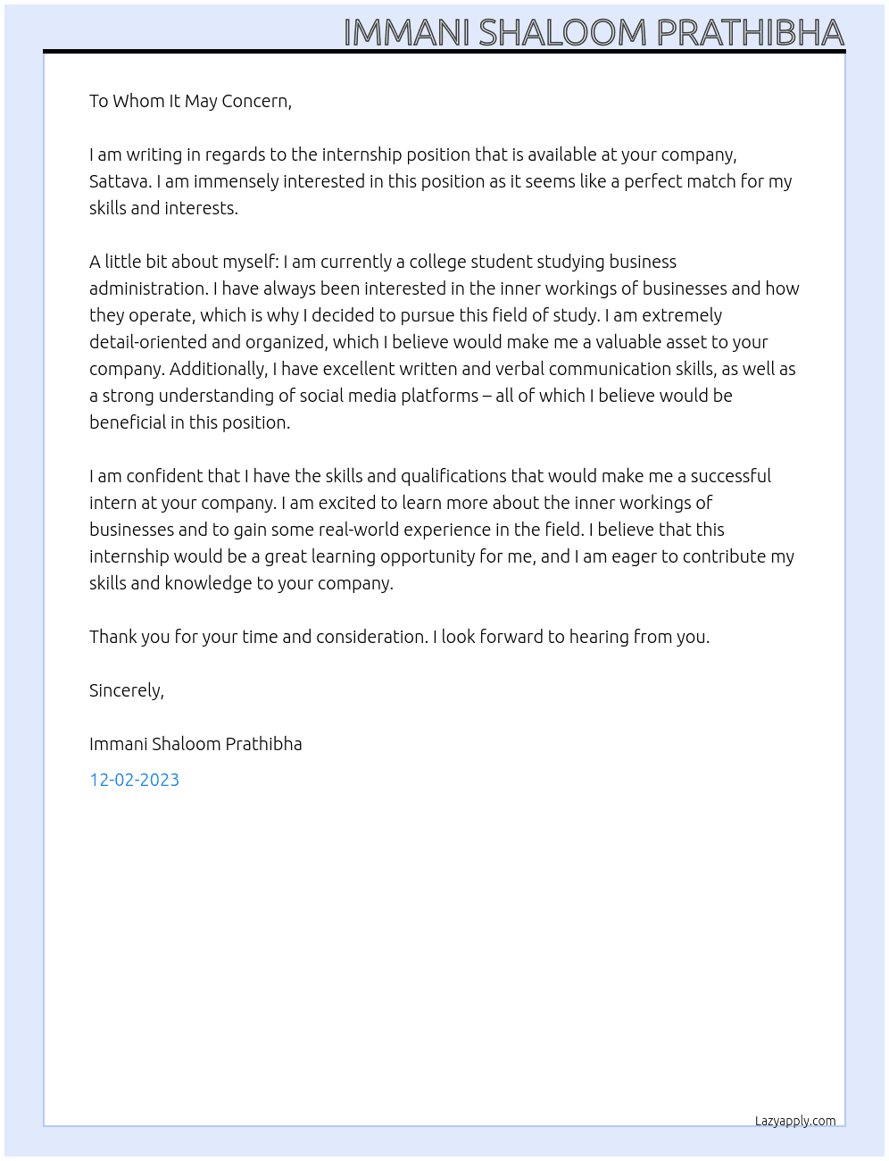 internship At sattava Cover Letter