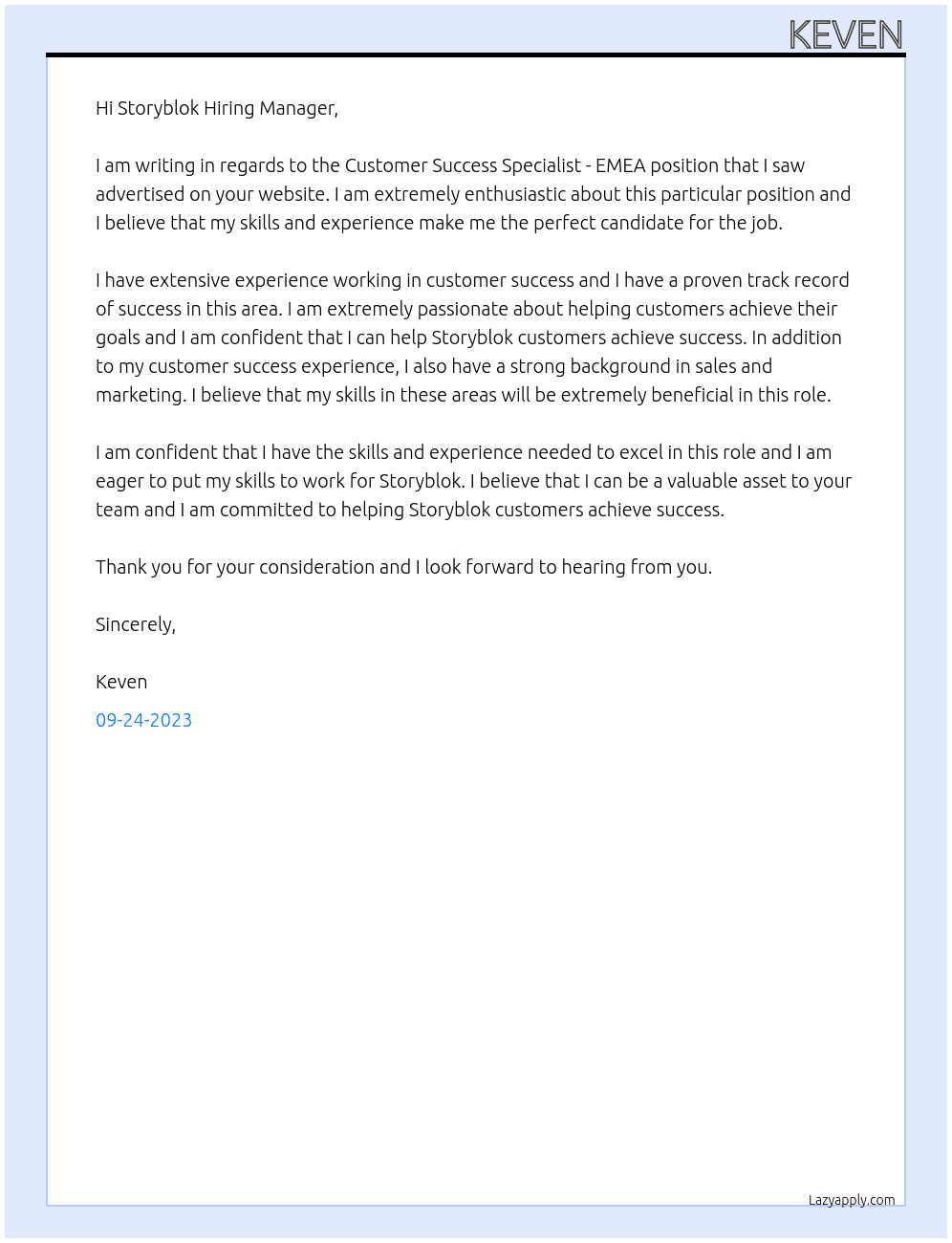 Customer Success Specialist - EMEA At Storyblok Cover Letter