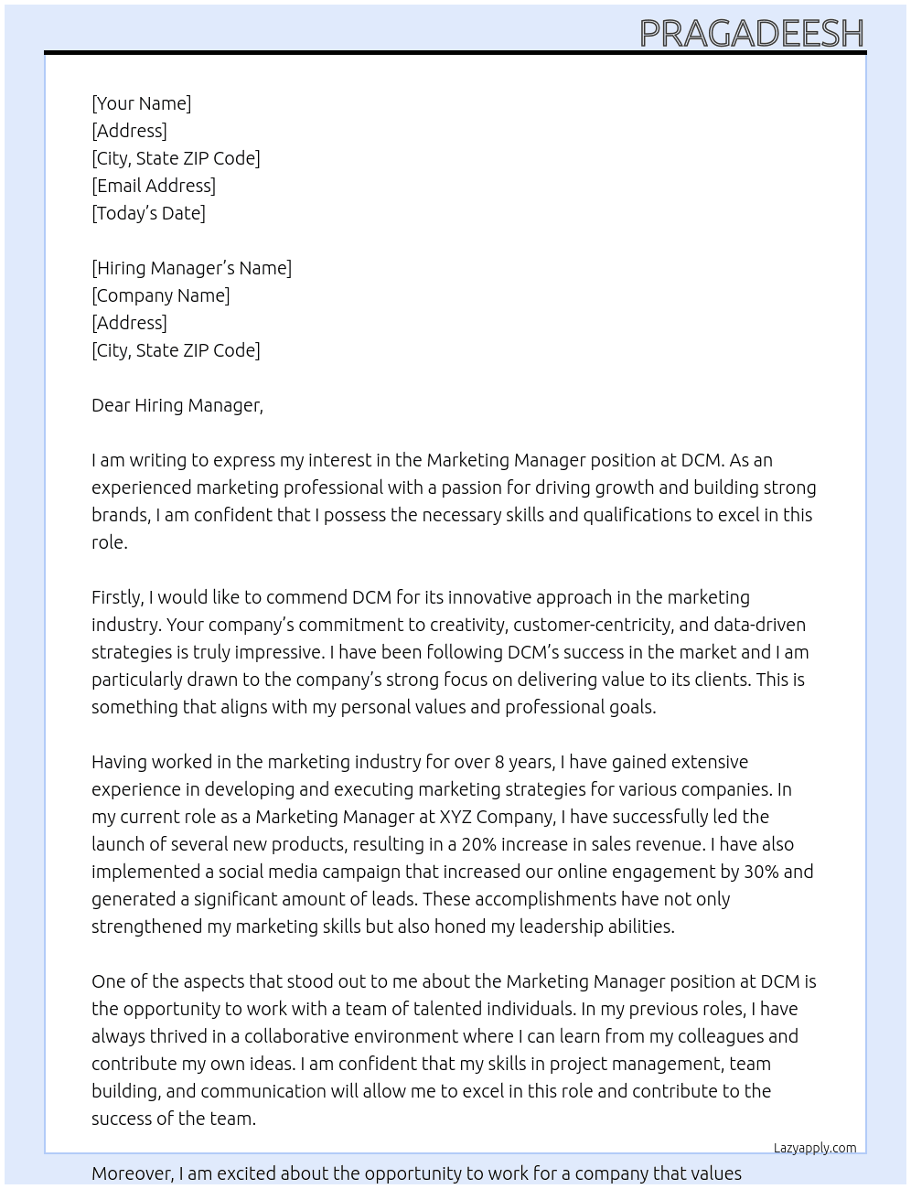 Marketing Manager At DCM Cover Letter