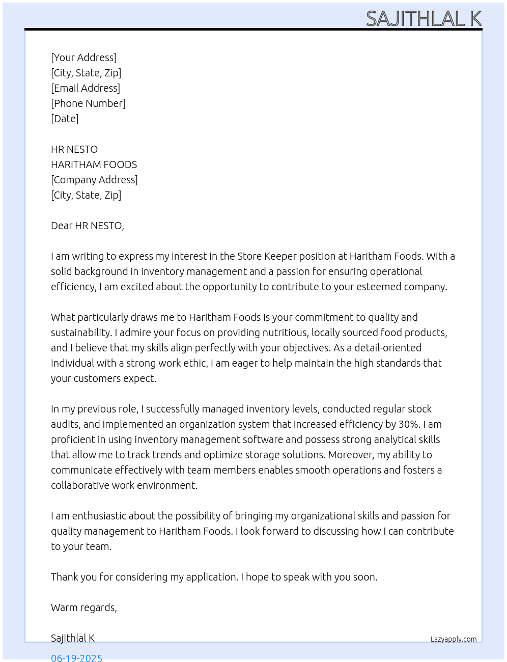 STORE KEEPER At HARITHAM FOODS Cover Letter