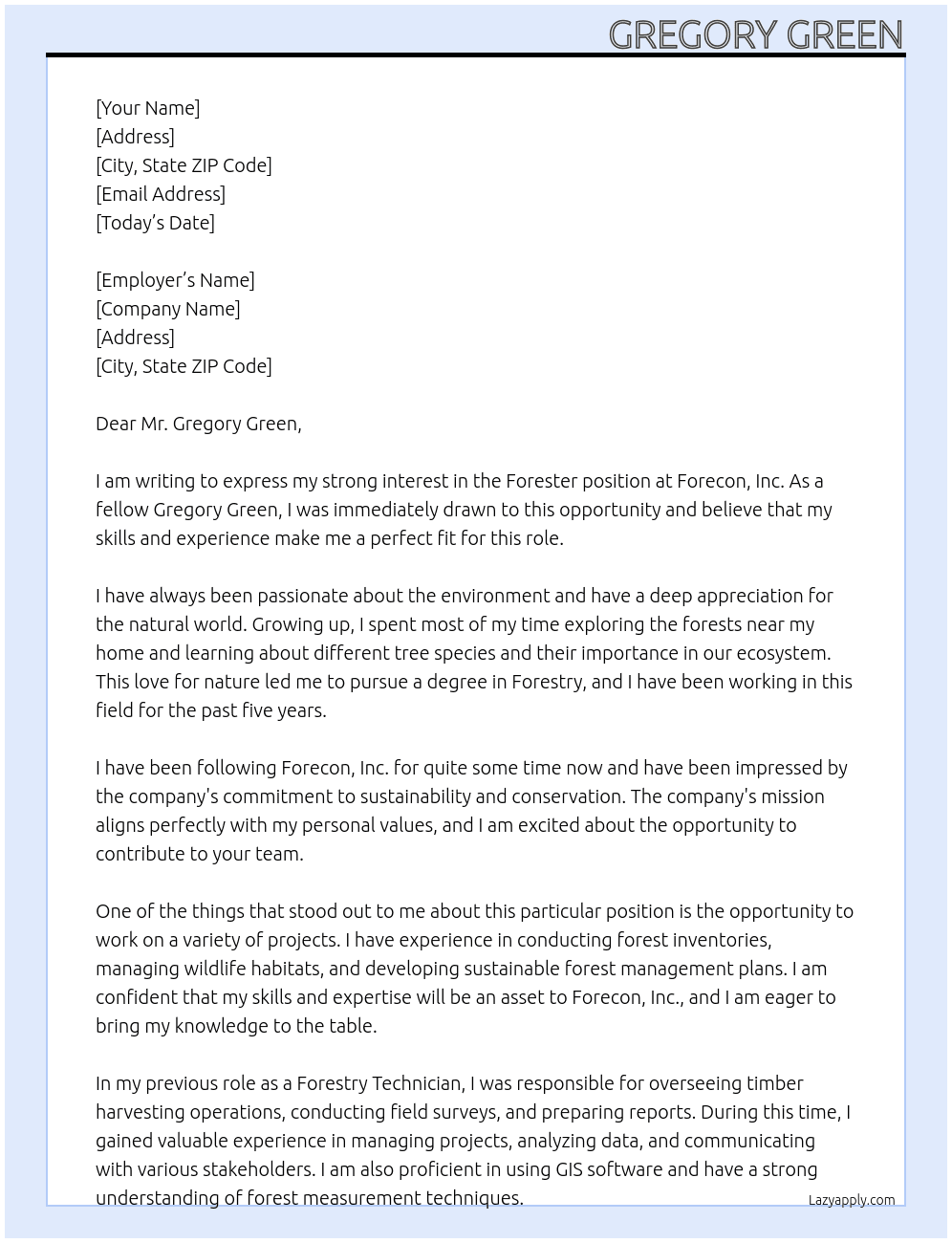 Forester At Forecon, Inc.  Cover Letter