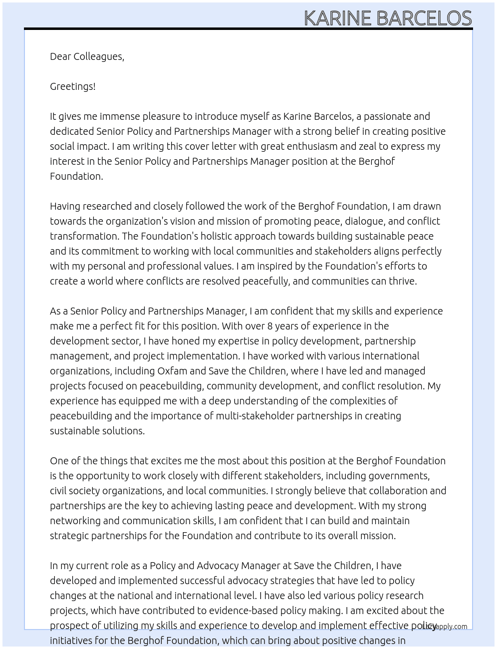 Senior Policy and Partnerships Manager At Berghof Foundation Cover Letter