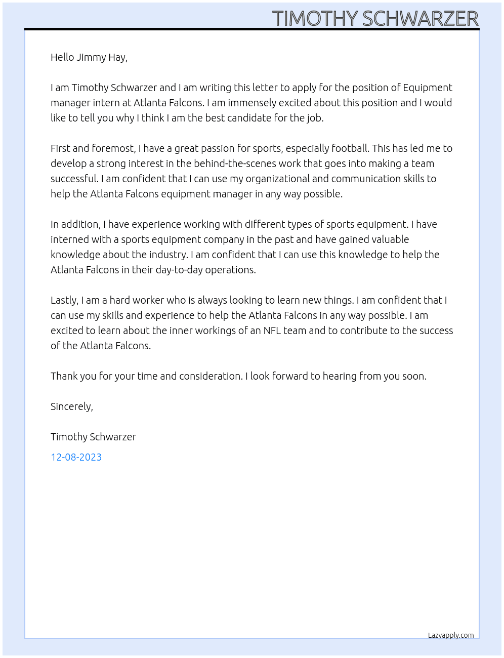 Equipment manager intern At Atlanta Falcons Cover Letter