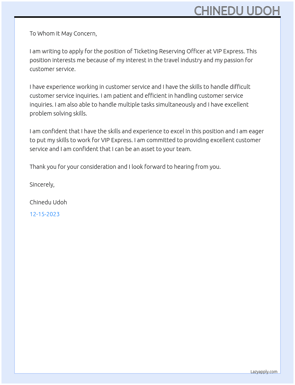 Ticketing Reserving Officer  At VIP Express  Cover Letter