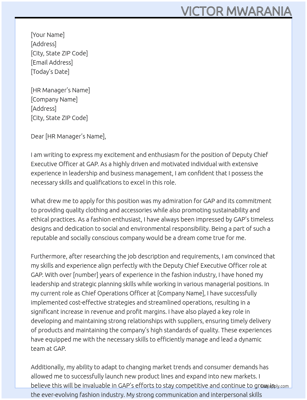 Deputy Chief Executive Officer  At GAP Cover Letter