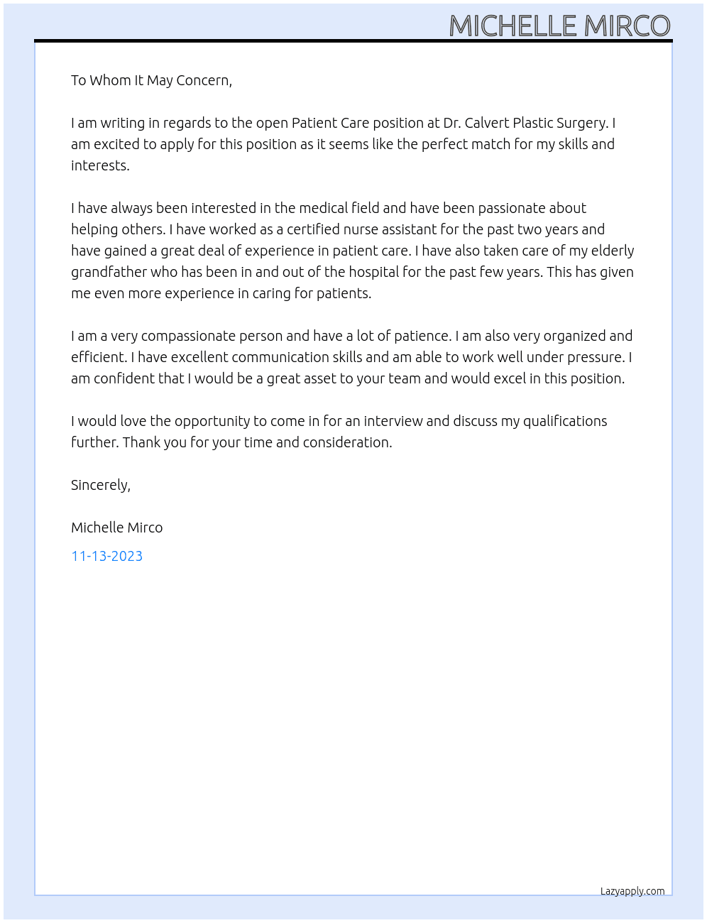 Patient Care At Dr. Calvert Plastic Surgery Cover Letter