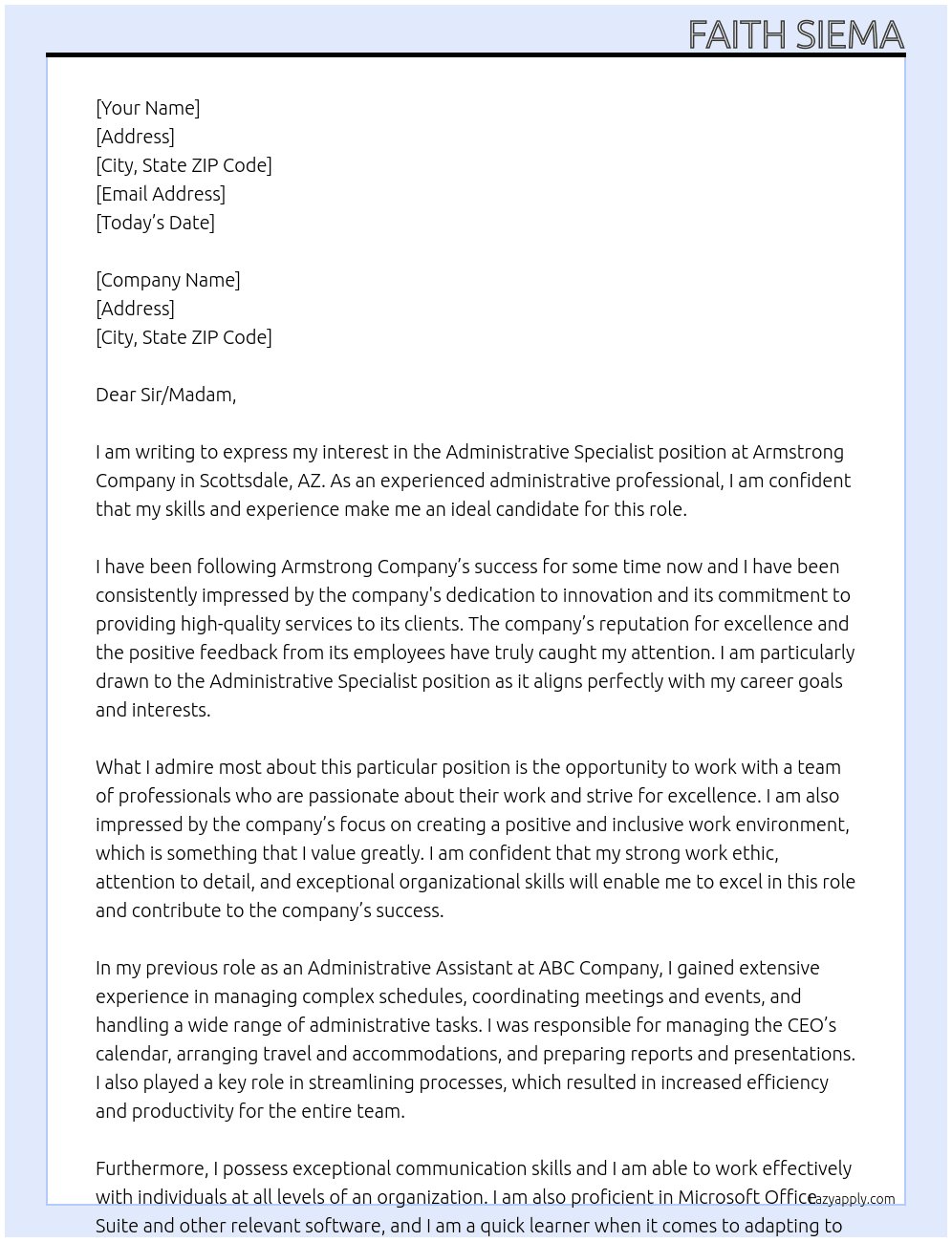Administrative Specialist At ARMSTRONG COMPANY SCOTTSDALE, AZ, USA Cover Letter