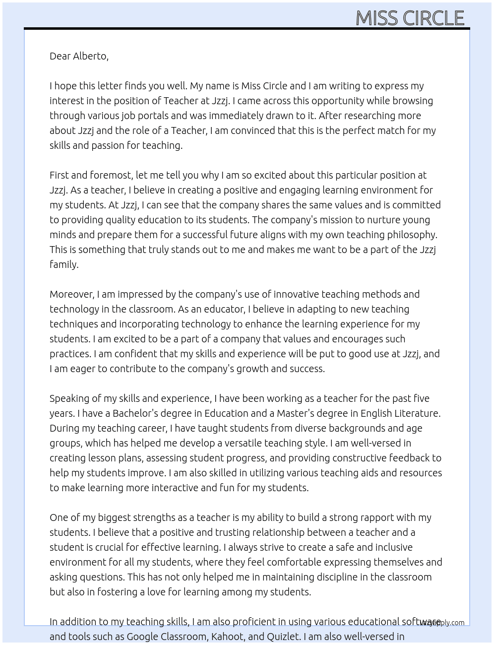 Teacher ñ At Jzzj Cover Letter