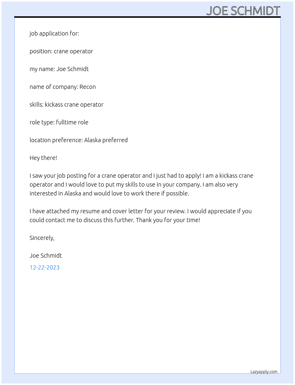 Crane Operator At Recon  Cover Letter