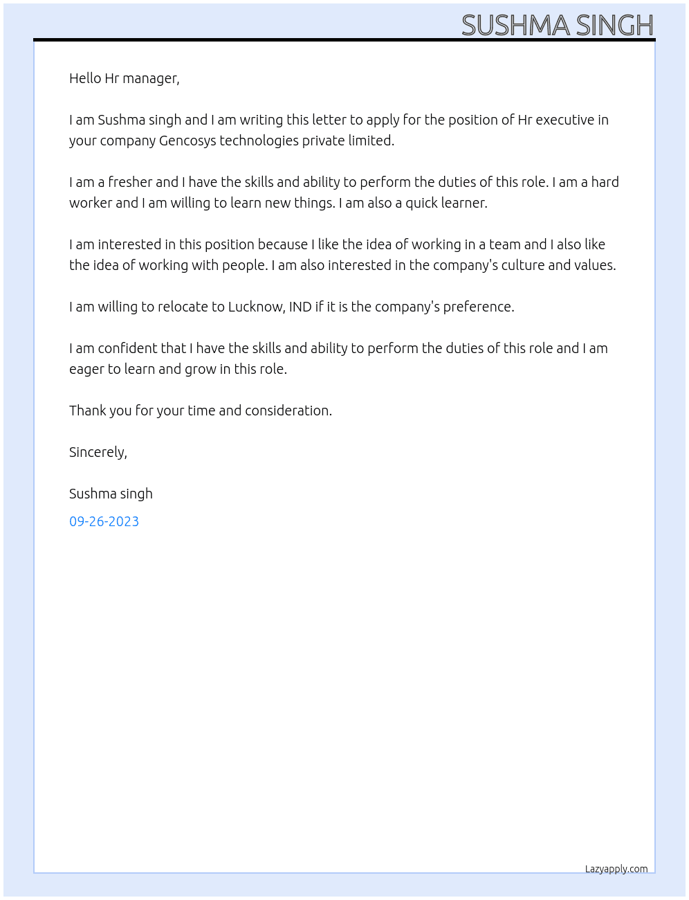 Hr executive At Gencosys technologies private limited Cover Letter