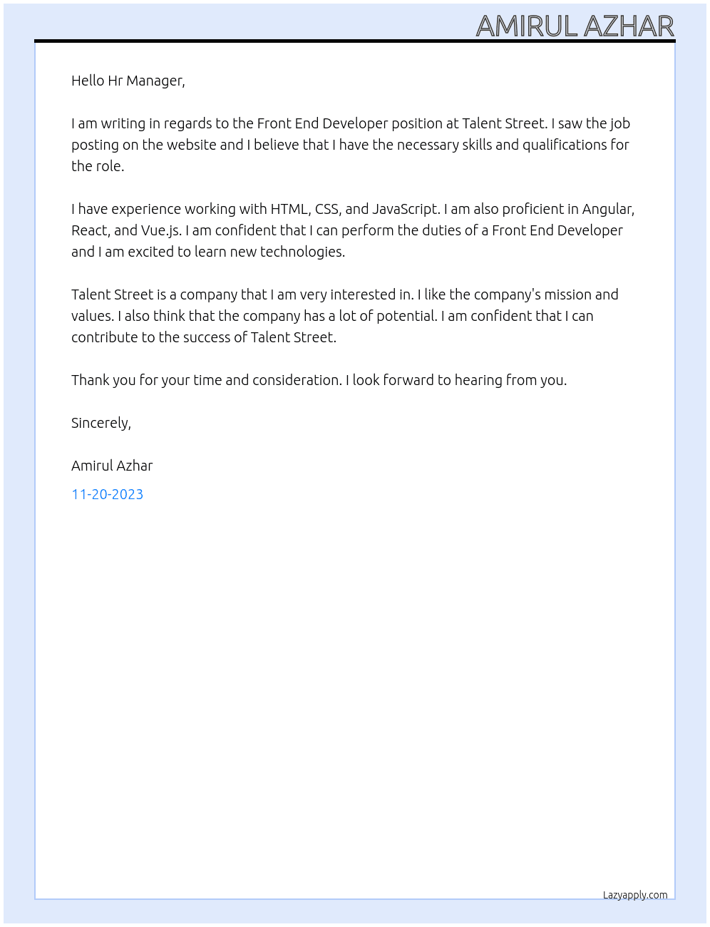 Front End Developer At Talent Street Cover Letter