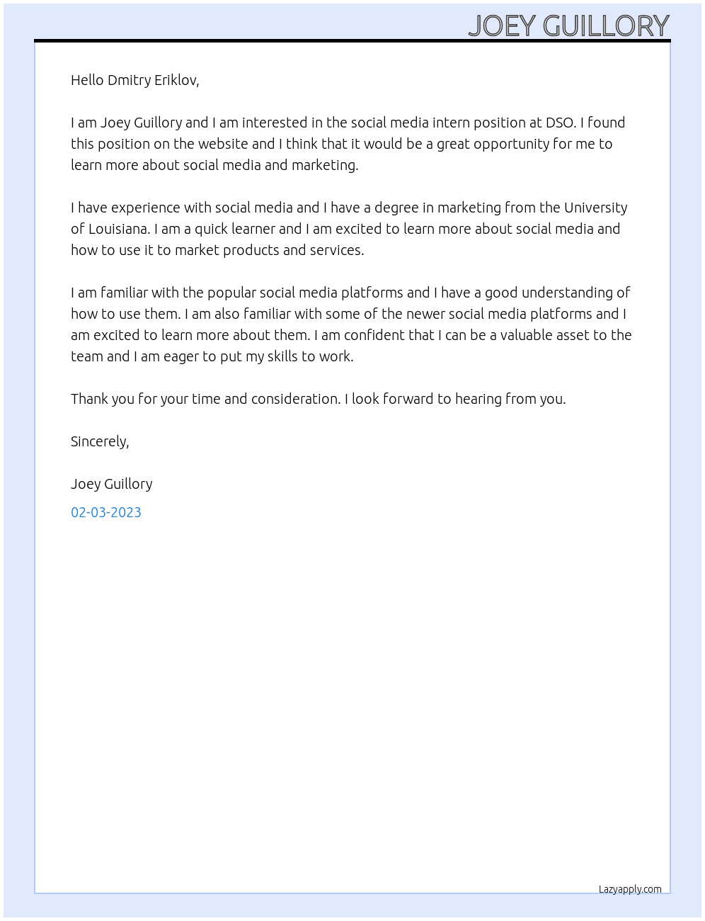 social media intern At DSO Cover Letter